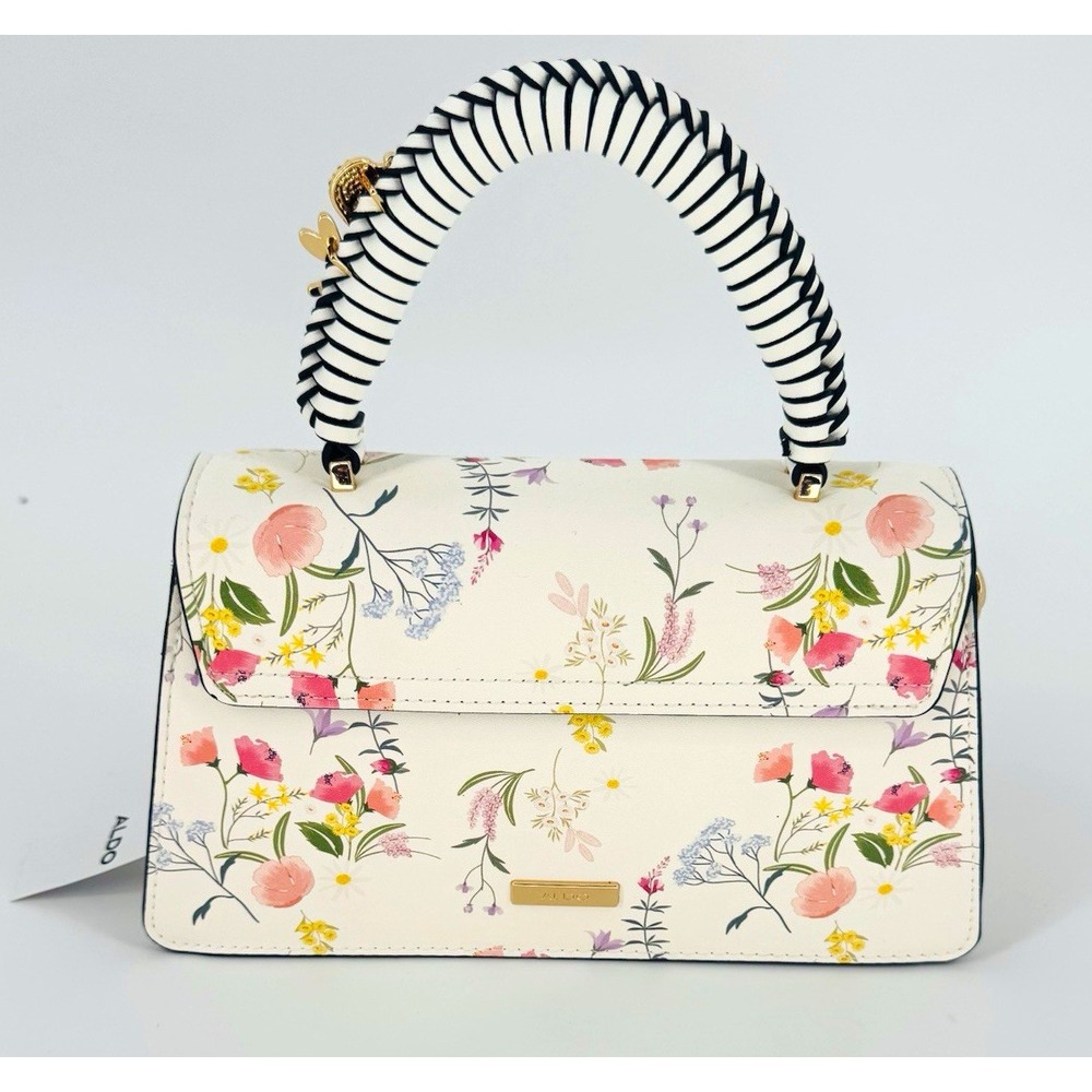 ALDO Cream Multicolor Floral Top Handle Satchel Bag Charm Gold Small NEW